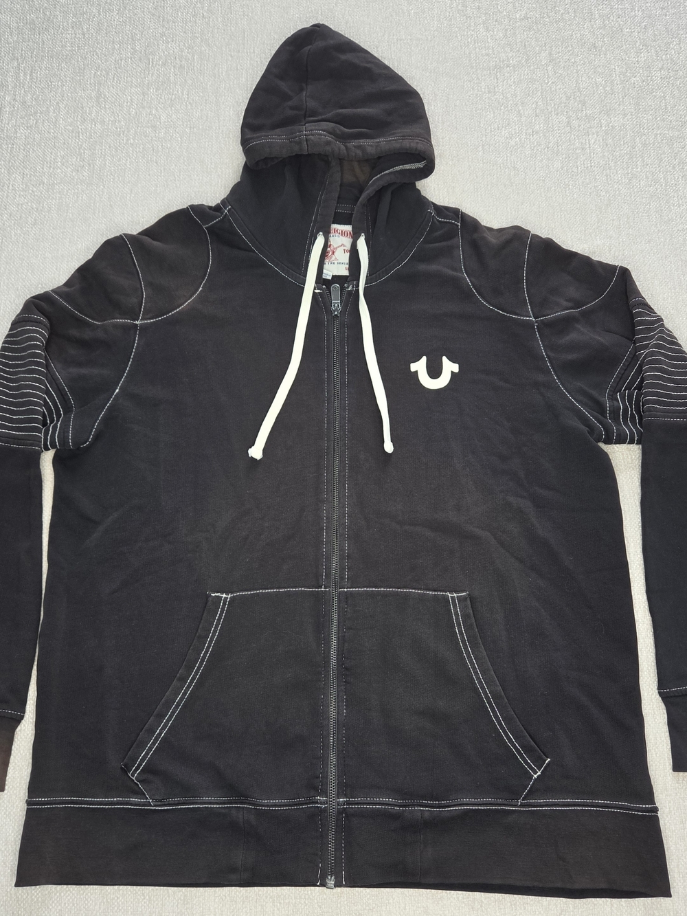 True Religion Hoodie Mens 2XL Black Full Zip Moto Contrast Stitch Distressed